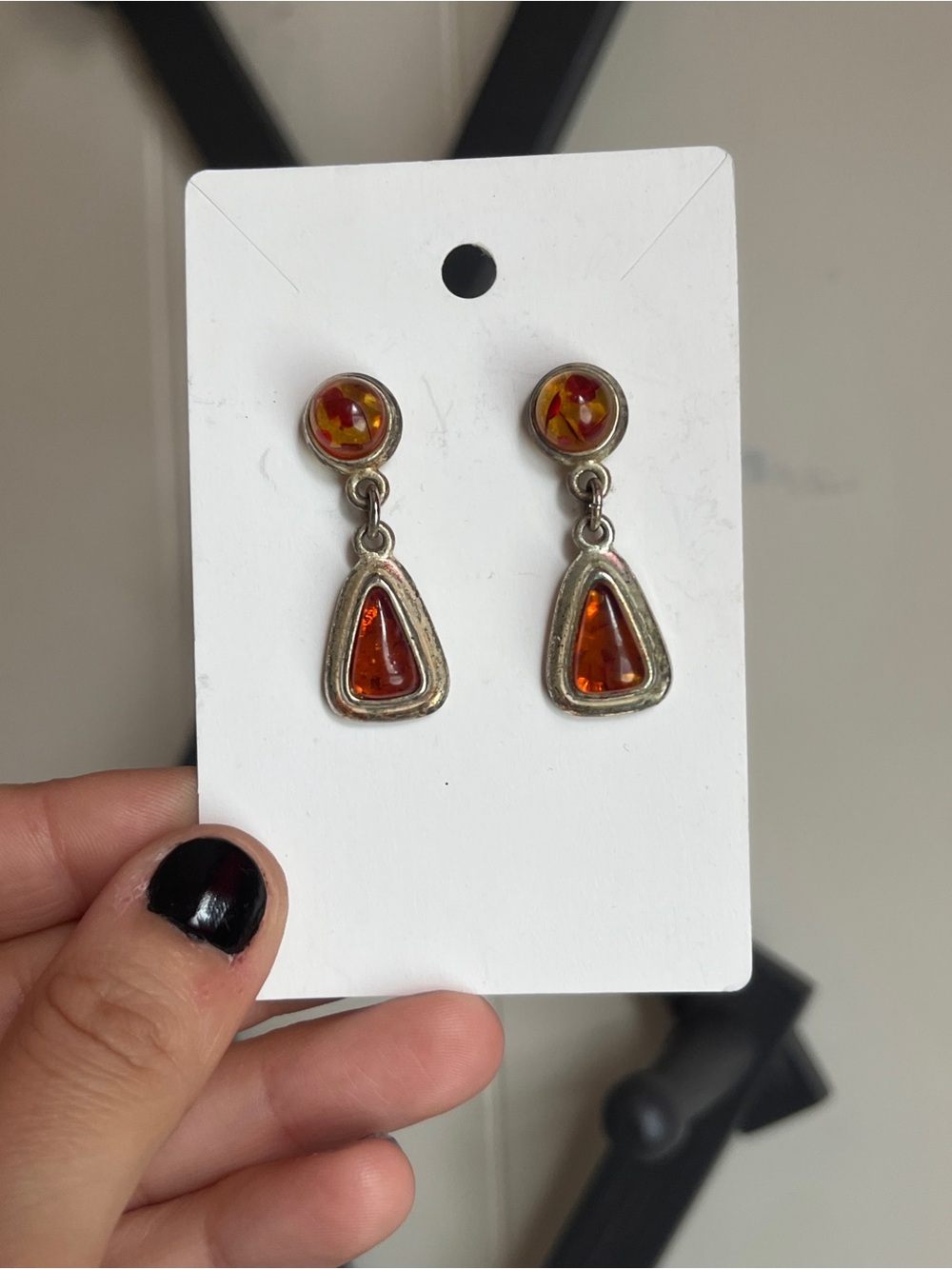 Amber Drop Dangle Earrings - Orange Gem Accents